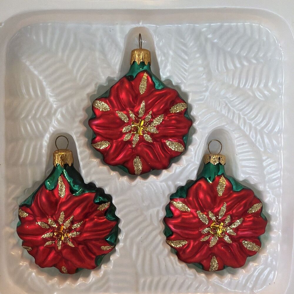 3 Vintage Blown Glass Red Poinsettia Christmas Ornaments With Box Dayton Hudson